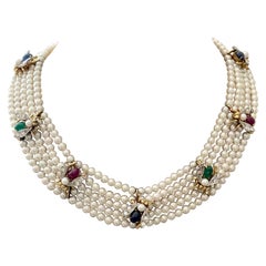 18 K 1950 5 Strand Cultured Pearl Choker with Bees Emearld Ruby Sapphire Diamond