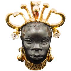 Vintage Elegant Black Agate Coral Diamond Gold Mount Nubian Head Pendant