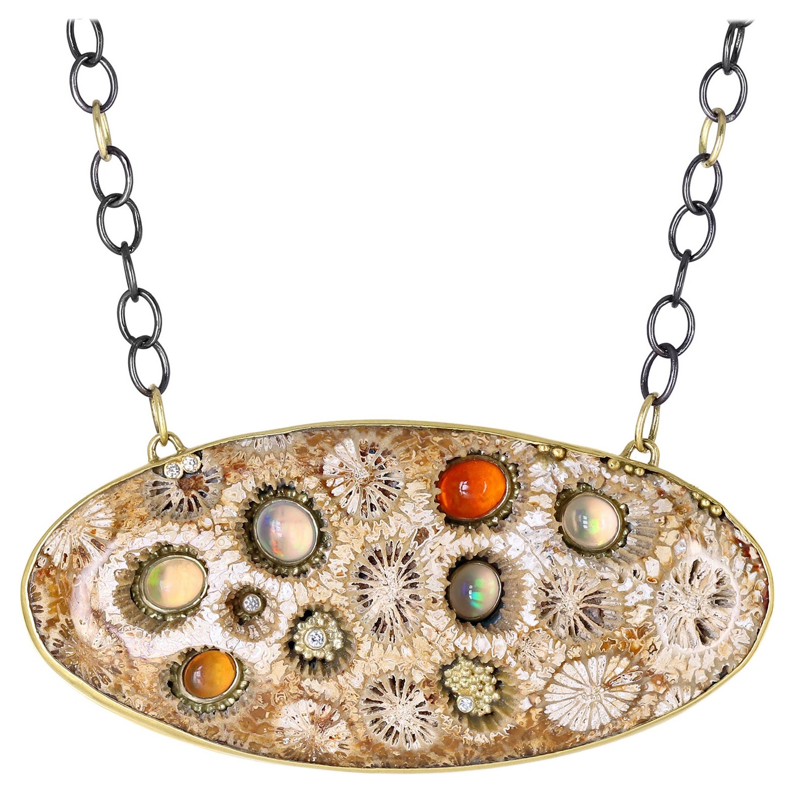 Fire Opal White Diamond Fossilized Coral One of a Kind Drop Necklace, Kothari