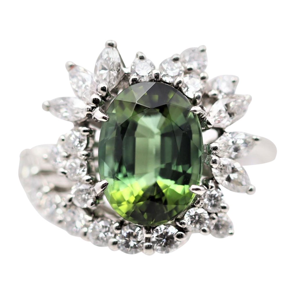 Green Tourmaline Diamond Sunburst Platinum Ring For Sale