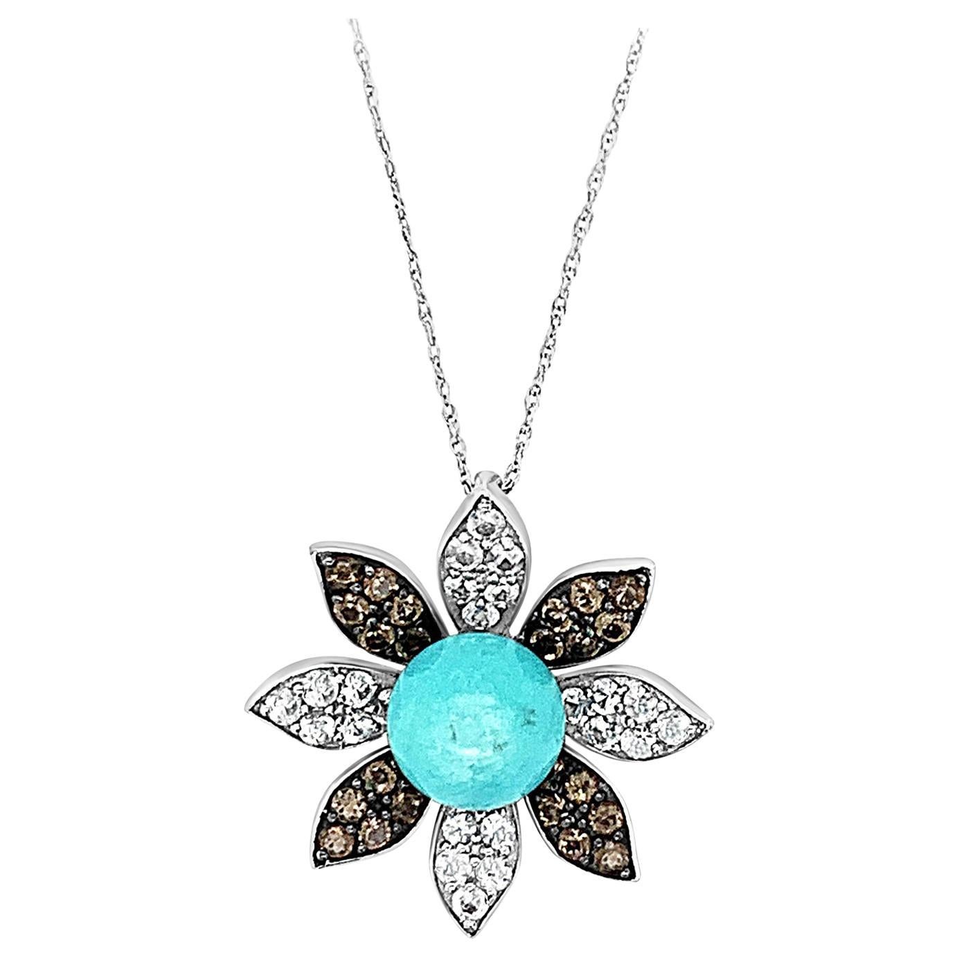 Carlo Viani 14 Karat White Gold Flower Shaped Round Turquoise Pendant Necklace For Sale