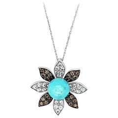 Carlo Viani 14 Karat White Gold Flower Shaped Round Turquoise Pendant Necklace