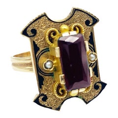 Antique Art Deco Garnet & Enamel Ring Shield Design 14 Karat