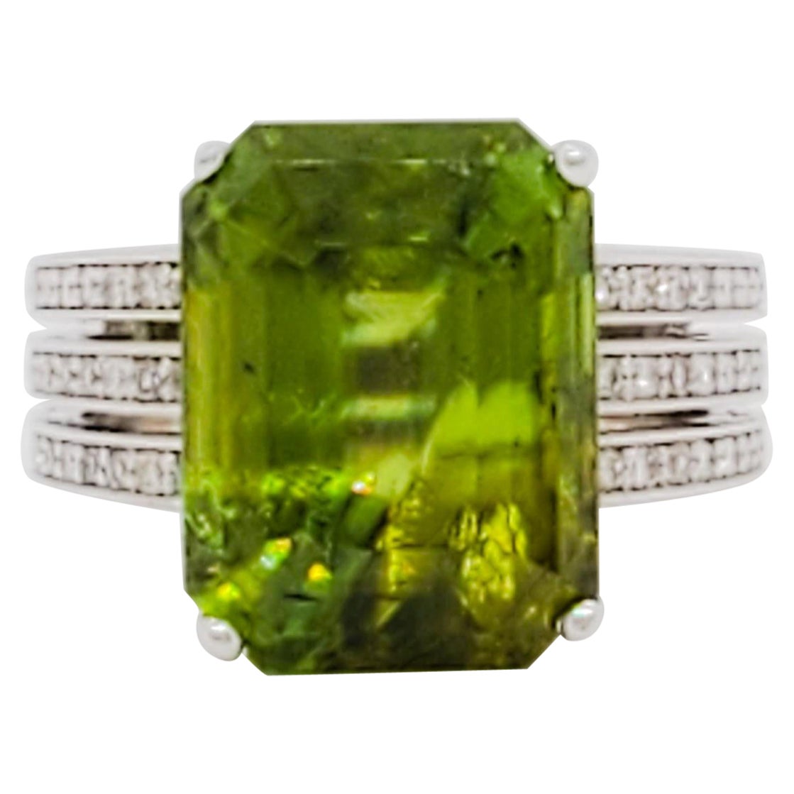 Green Sphene Radiant and Diamond Cocktail Ring in 18k White Gold For Sale