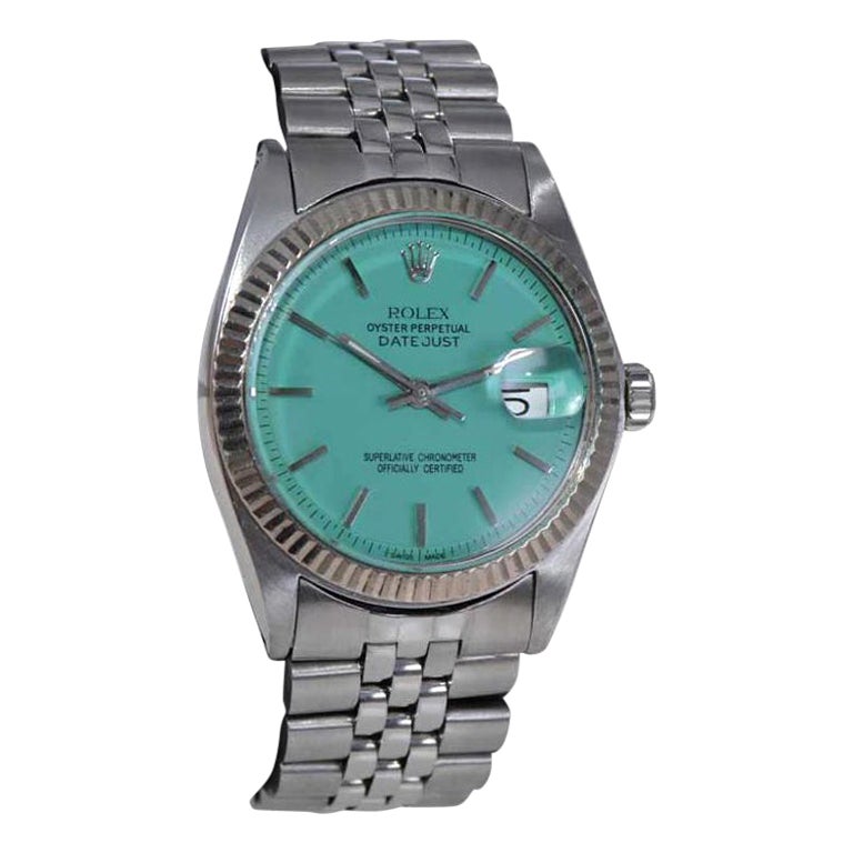 Rolex Montre Datejust en acier inoxydable avec cadran bleu sur mesure Tiffany, années 1970