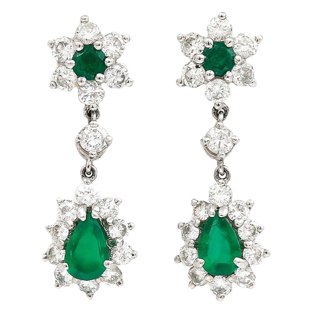Antique Emerald and 1.82 Carat Diamond White Gold Drop Earrings Circa ...