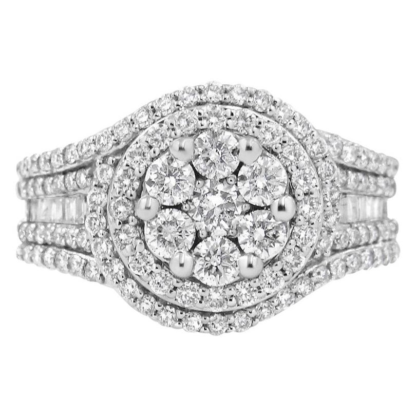 14K White Gold 1 1/2 Carat Diamond Floral Cluster and Studded Shank Halo Ring For Sale