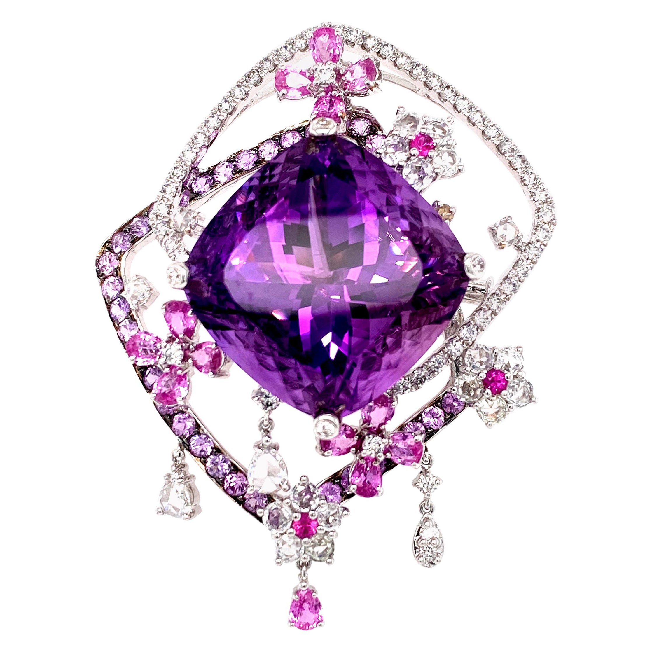 Dilys' Floral Motif Amethyst and Diamond Brooch in 18 Karat White Gold For Sale