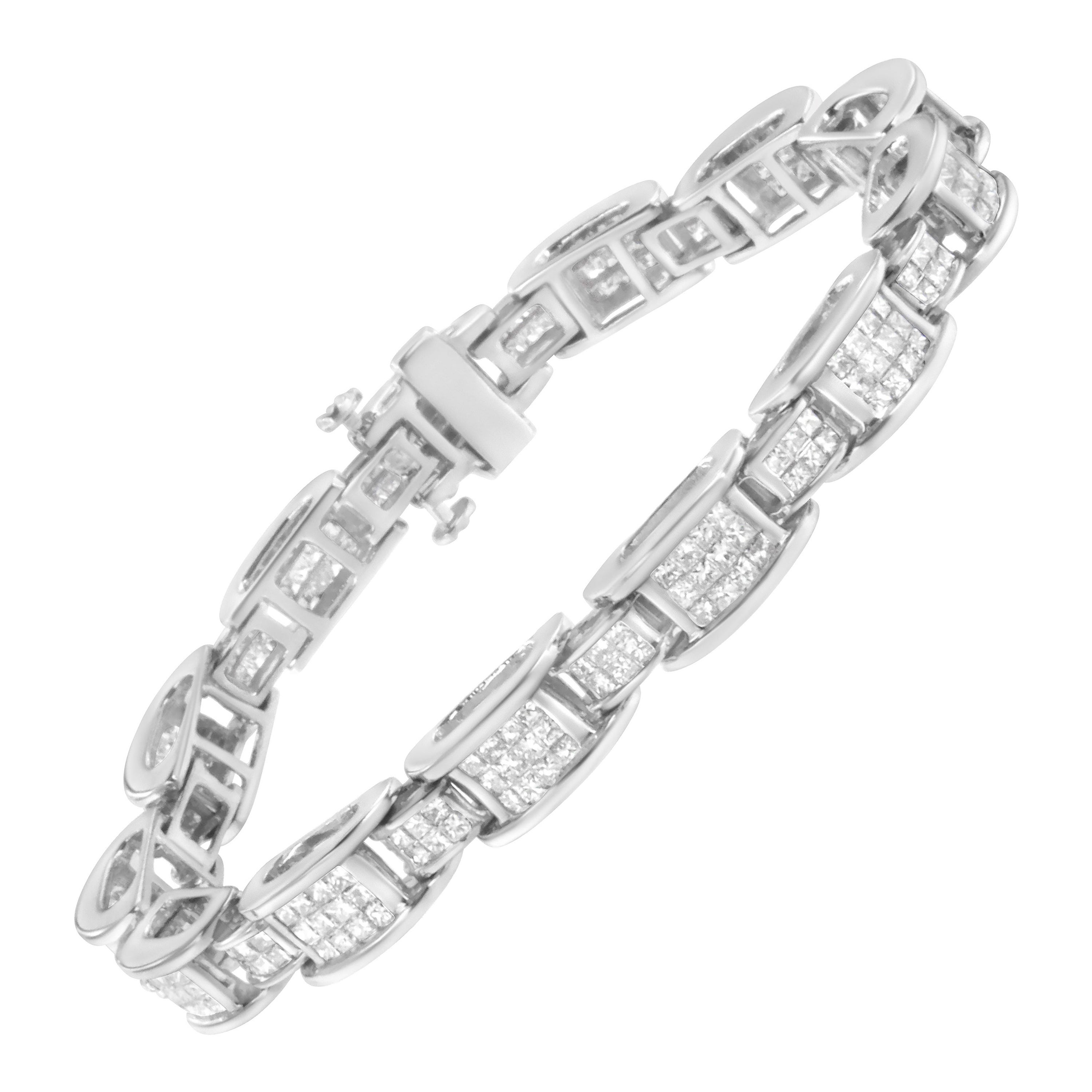 14K White Gold 5.0 Carat Diamond Alternating Size D Shaped Link Tennis Bracelet For Sale