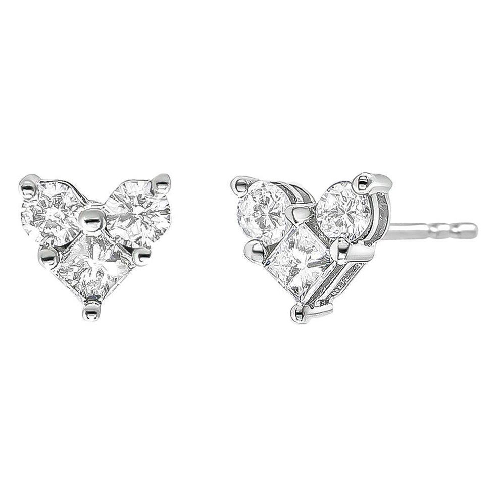 10K White Gold 3/4 Carat Diamond 3 Stone Trio Heart Stud Earrings For Sale