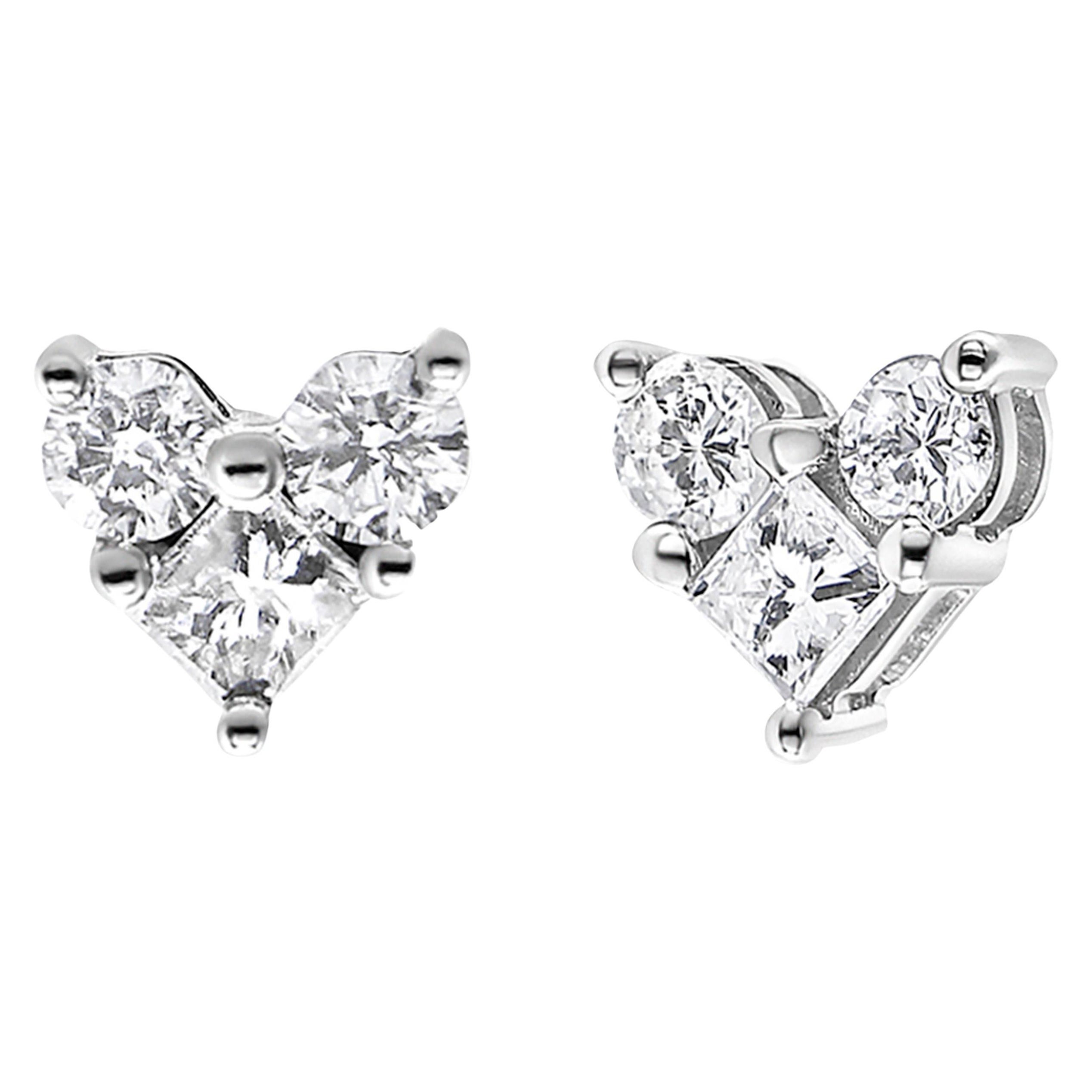 10K White Gold 1/2 Carat Diamond 3 Stone Trio Heart Stud Earrings For Sale