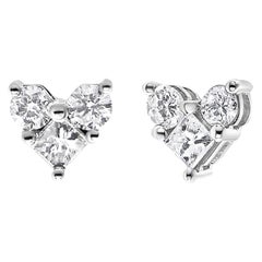 10K White Gold 1/2 Carat Diamond 3 Stone Trio Heart Stud Earrings