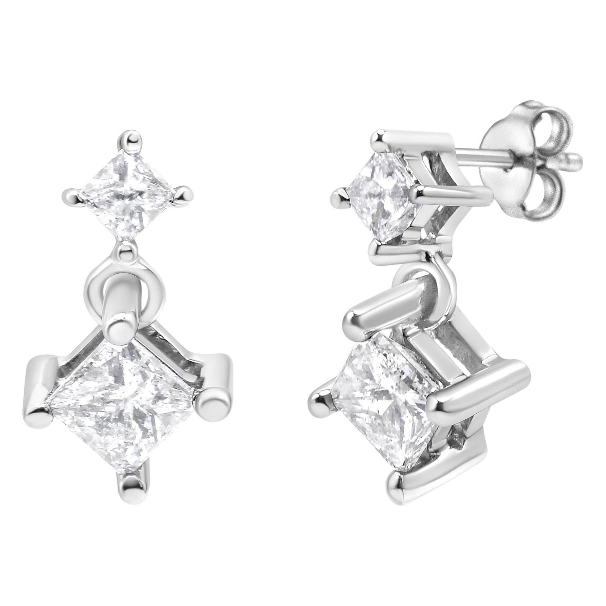 14K White Gold 1.0 Cttw Princess-Cut Double Diamond Drop Stud Earrings for Women