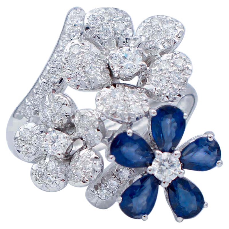 Blue Sapphires, Diamonds, 18 Karat White Gold Modern Ring
