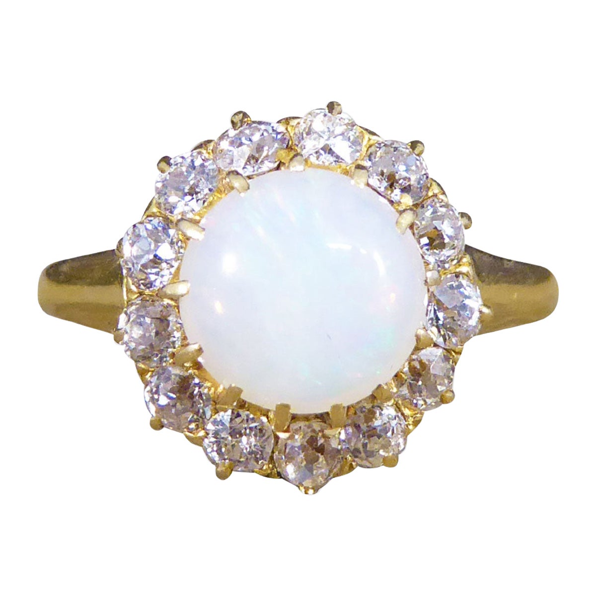 Late Victorian Early Edwardian Opal and Diamond Cluster Ring in 18ct Yellow Gold