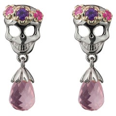 14k Gold Skull with Flowers Earrings Studs with Amethysts, Sapphires and Quartz
