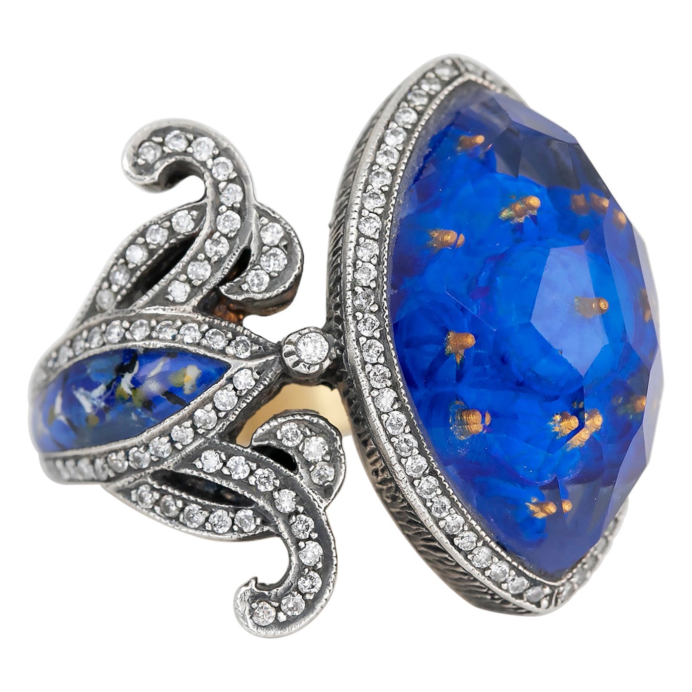 24K Gold & 925K Silver Carved Blue Mosque Enganed Ring with 0.57 ct Diamond