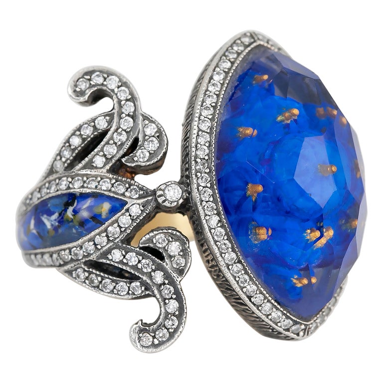 24 Karat Gold and 925 Karat Silber geschnitzter blauer Mosque-Ring mit 0,57 Karat  Diamant, personalisierbar, im Angebot bei 1stDibs