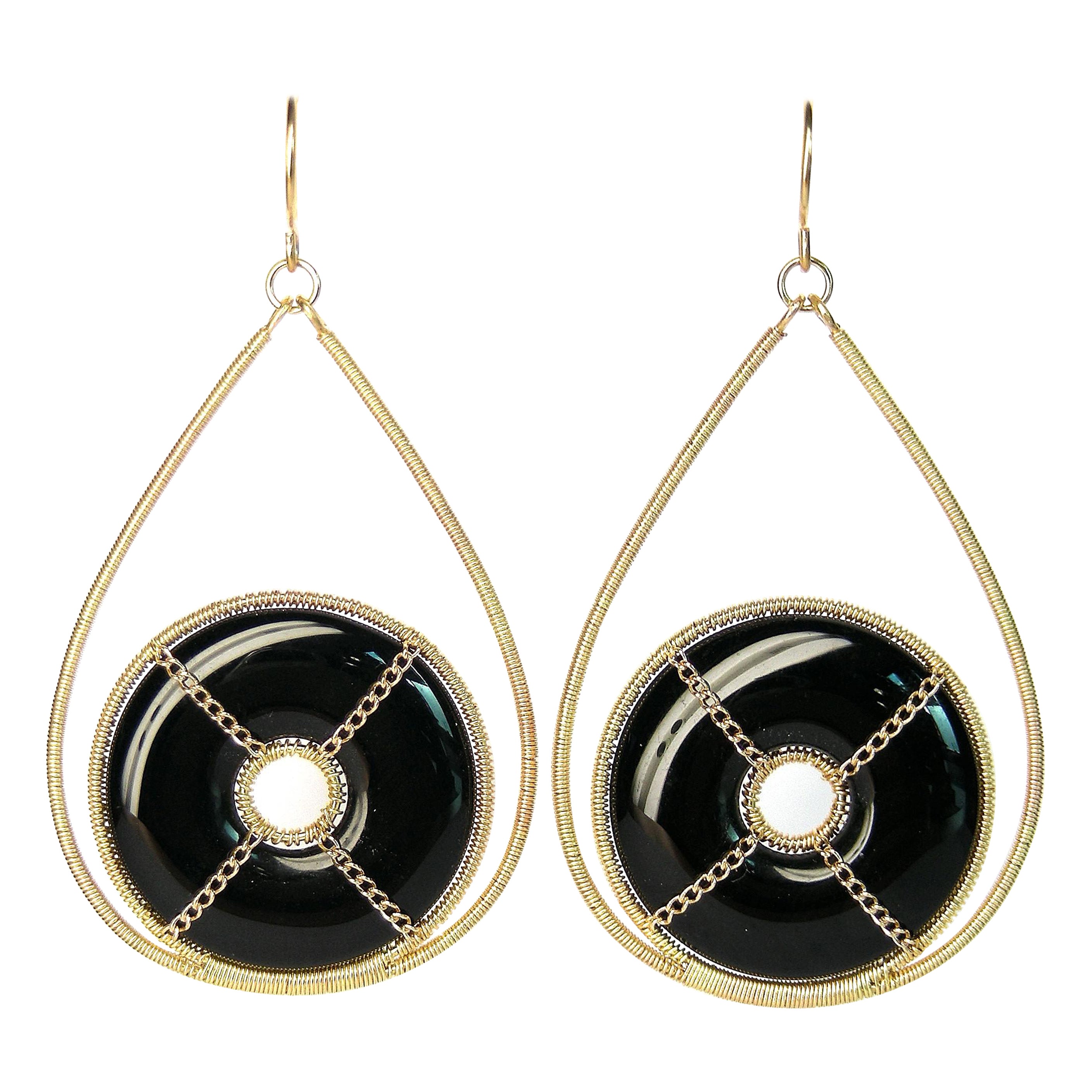 Summer Splash Hoop 18k Gold Earrings with Onyx Mandala For Sale