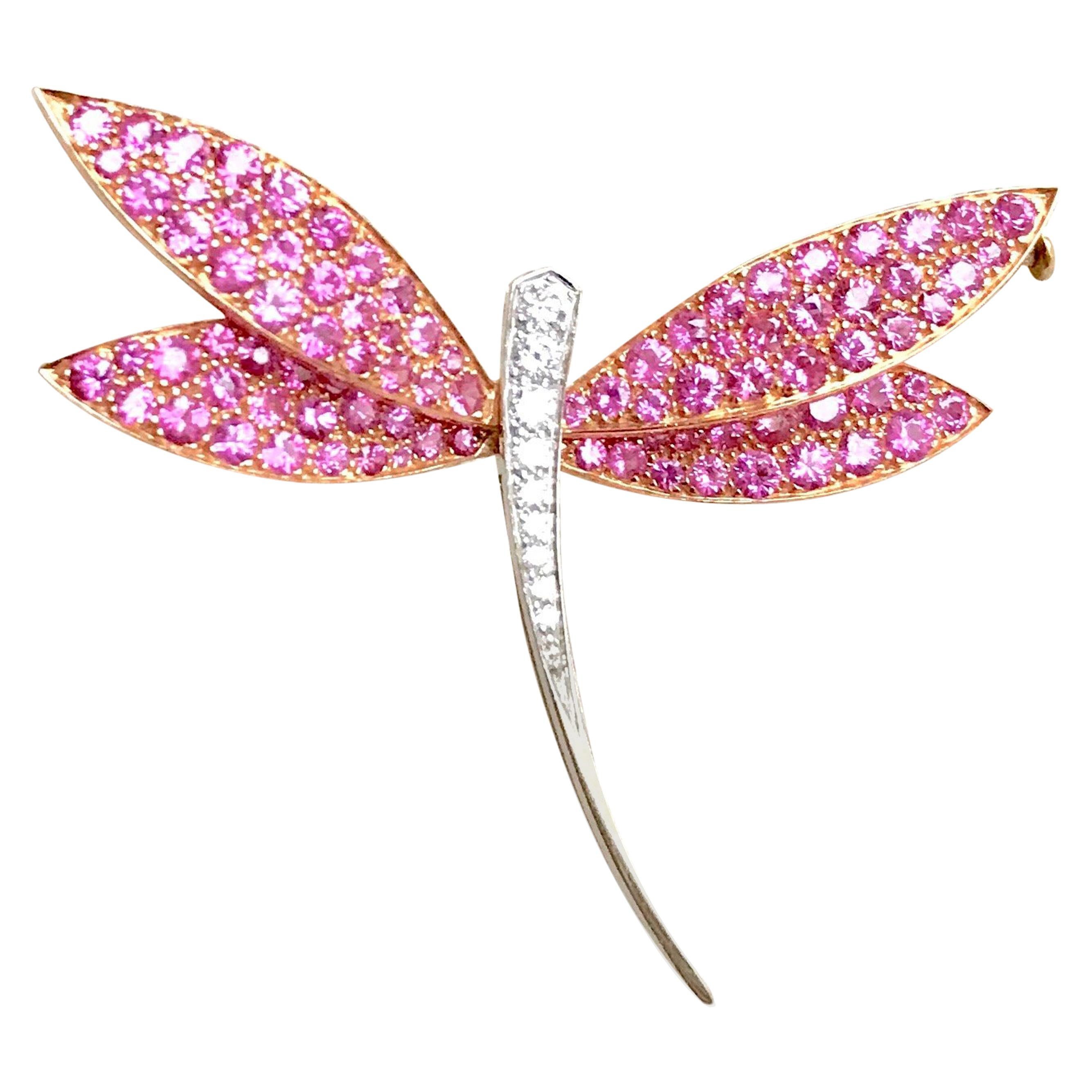 Van Cleef & Arpels Gold Dragonfly Brooch, Pink Sapphires Diamonds