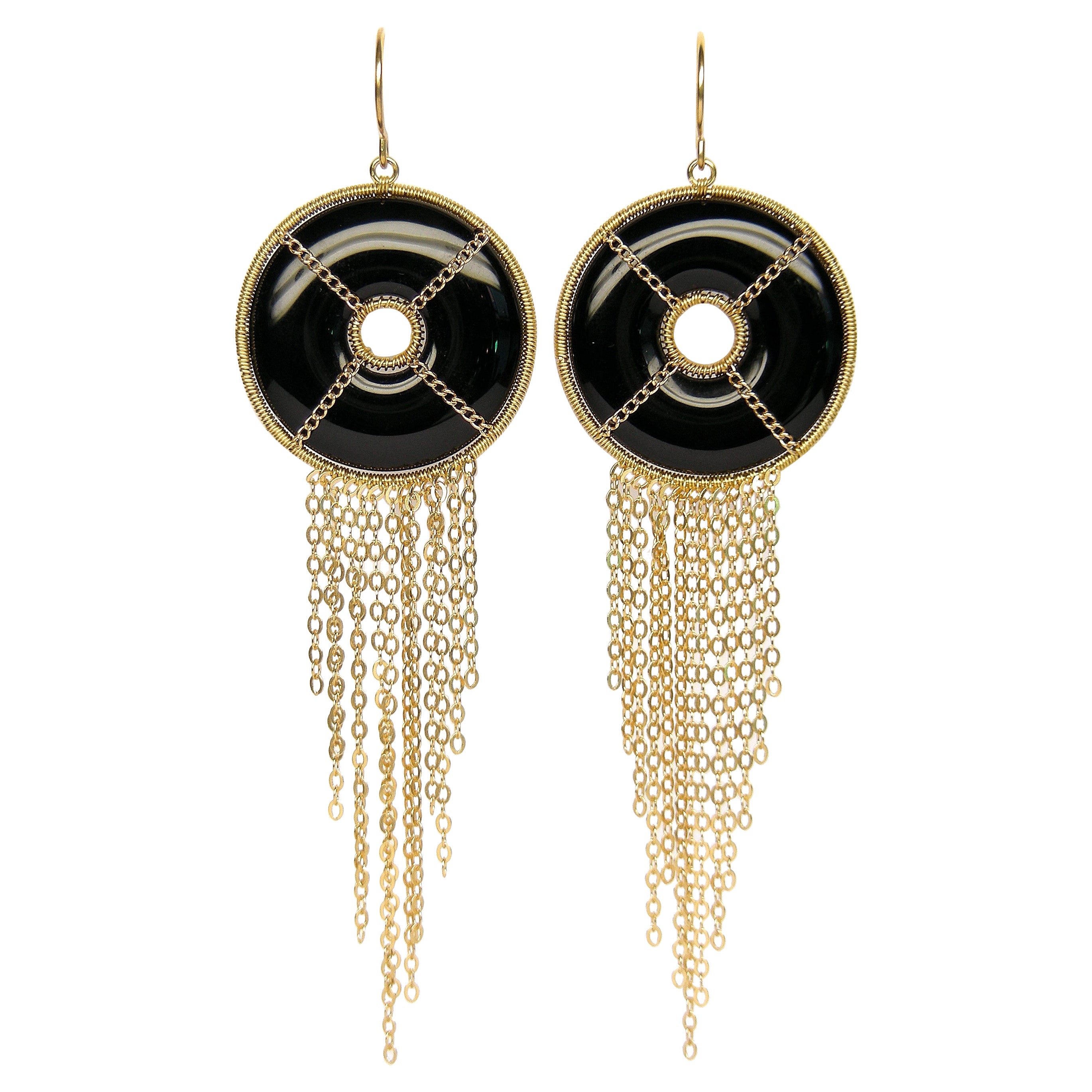 Summer Splash Hoop 18k Gold Earrings with Onyx Mandala Motif For Sale
