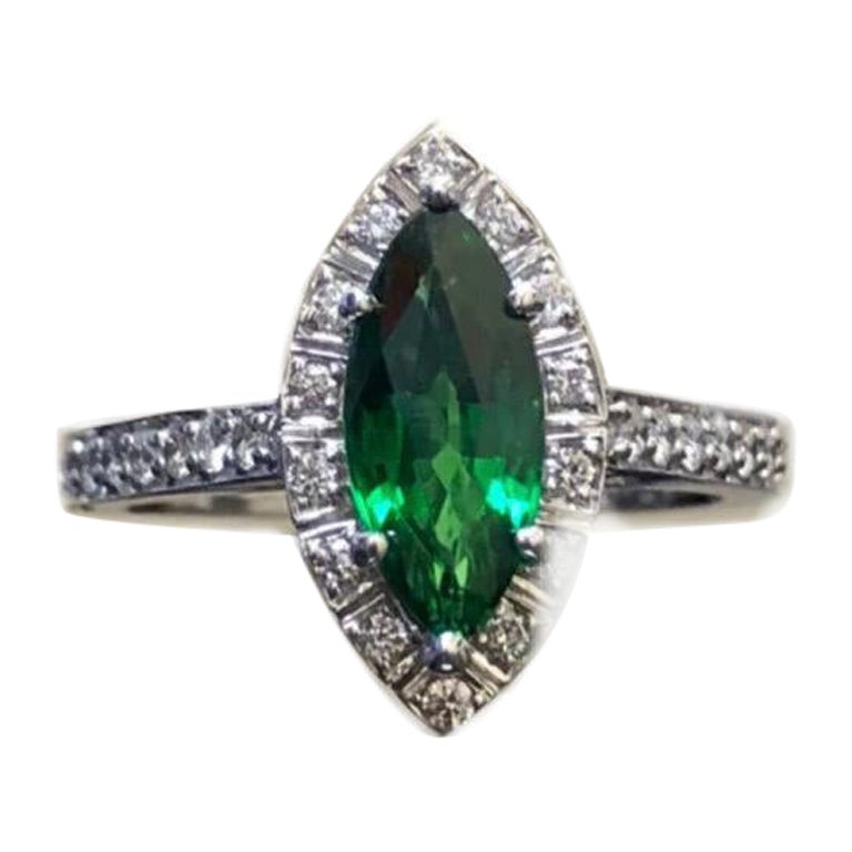 Platinum Halo Diamond 1.19 Carat Marquise Tsavorite Garnet Engagement Ring For Sale