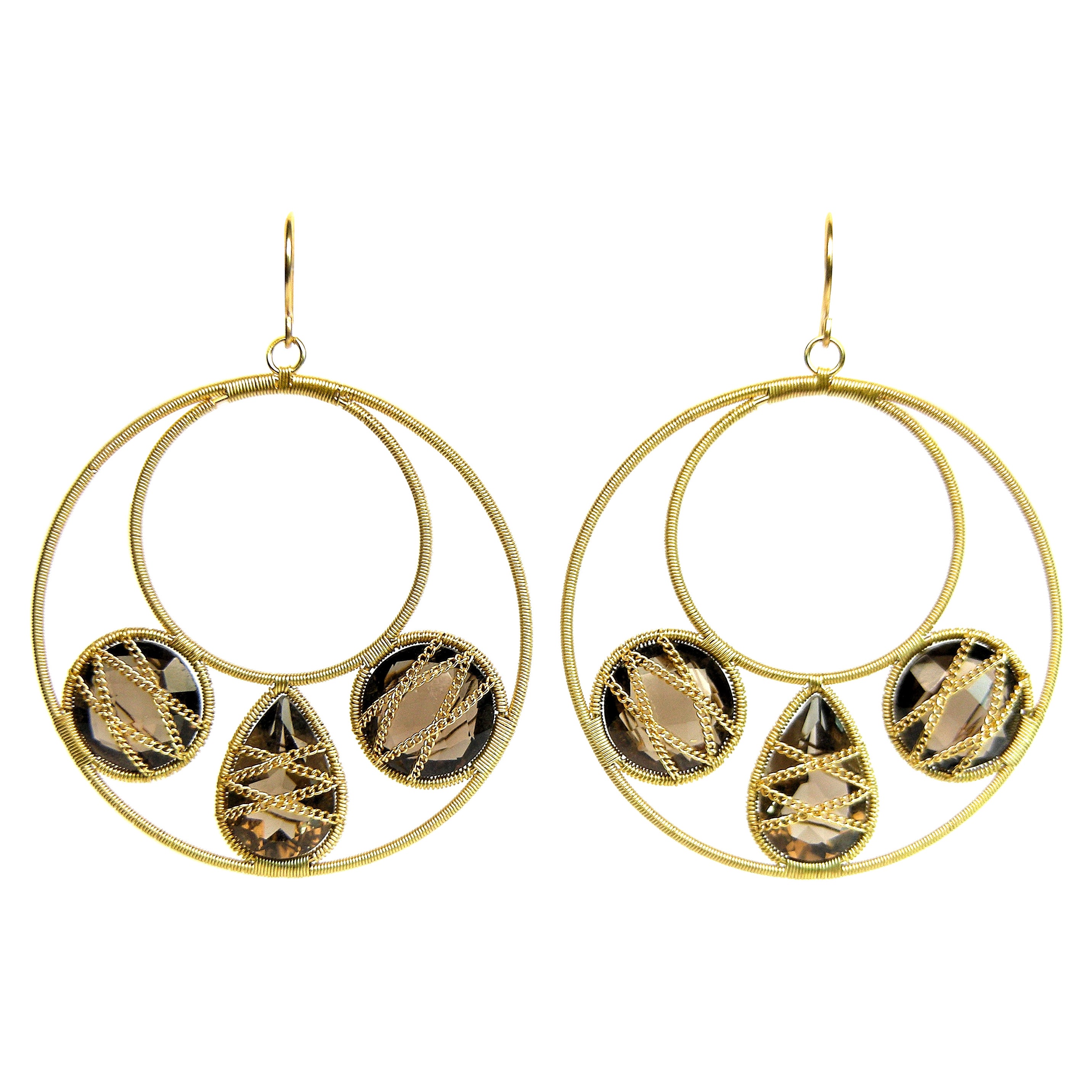 Summer Splash Hoop 18k Gold Earrings with Smoked Quartzs 3 Motif Mandala