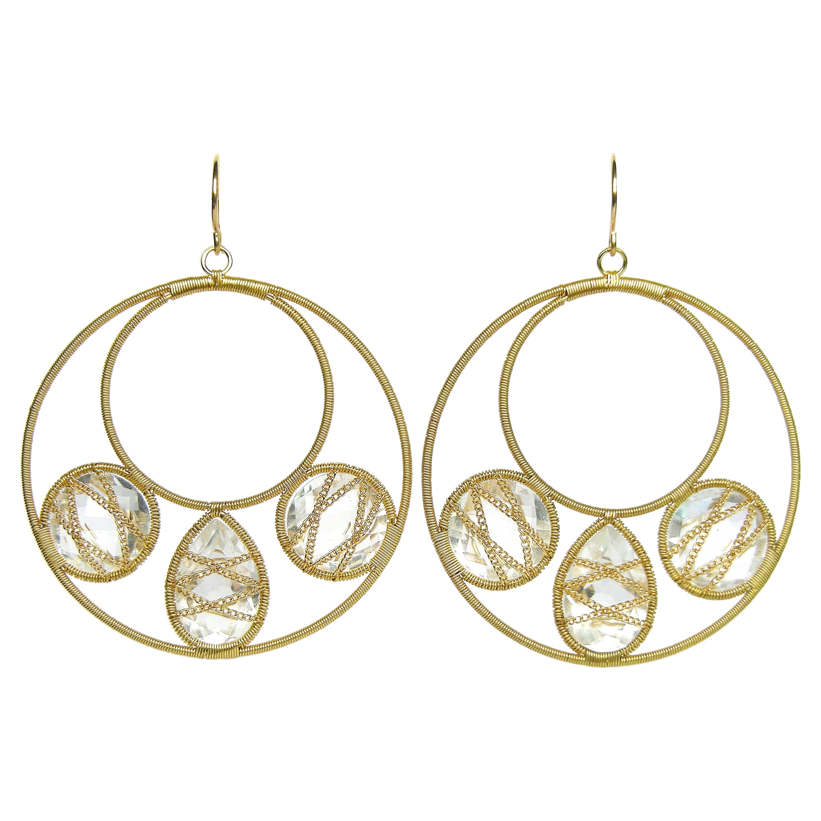 Summer Splash Hoop 18k Gold Earrings with Rock Crystal 3 Motif Mandala For Sale