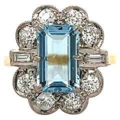 Antique Victorian Aqua Marine Gemstone & Diamond Ring