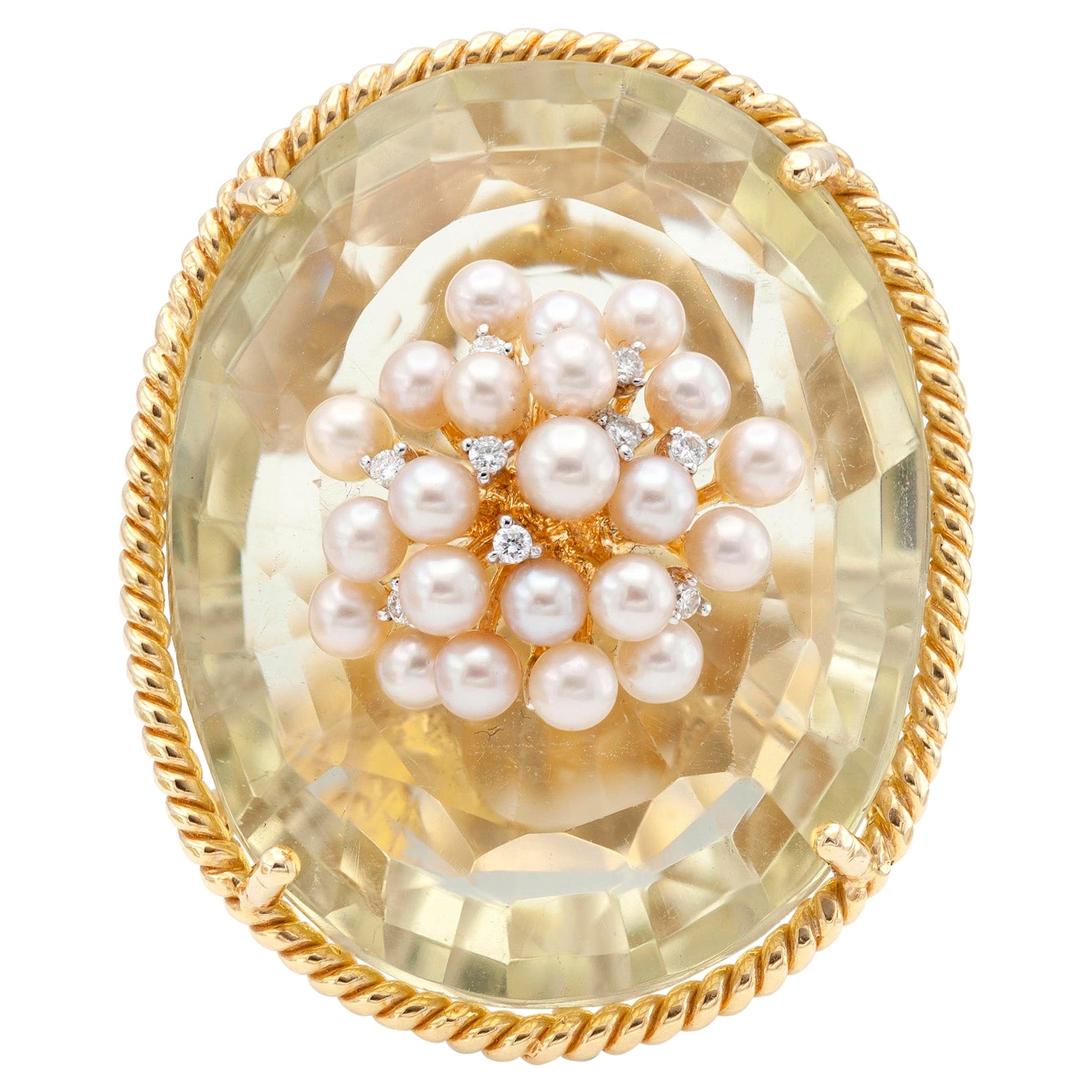 100 Karat Citrin-Ring mit Perlen und Diamanten im Angebot