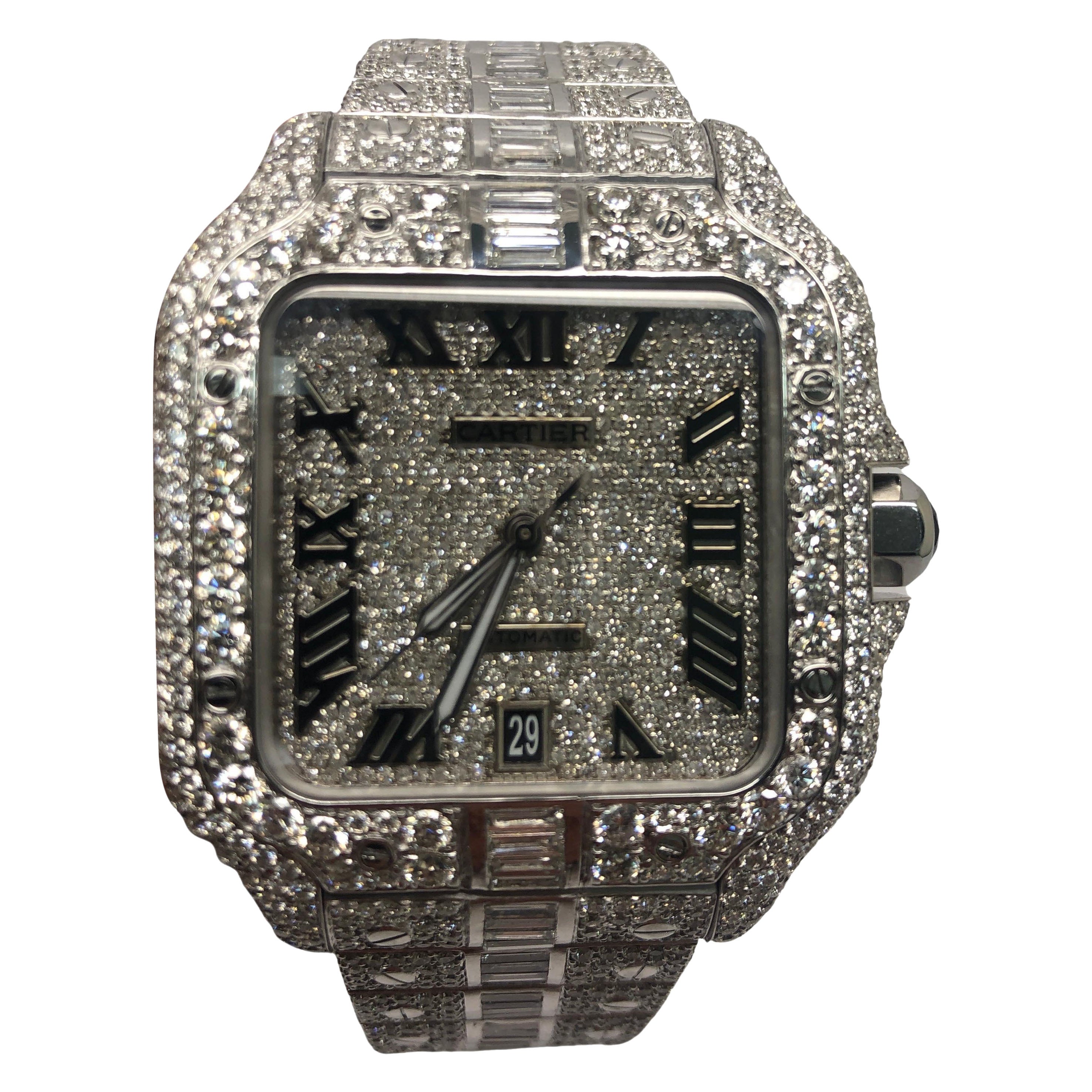 Cartier Santos Custom Iced Out VVS Emerald Cut Diamond Roman Numeral Watch