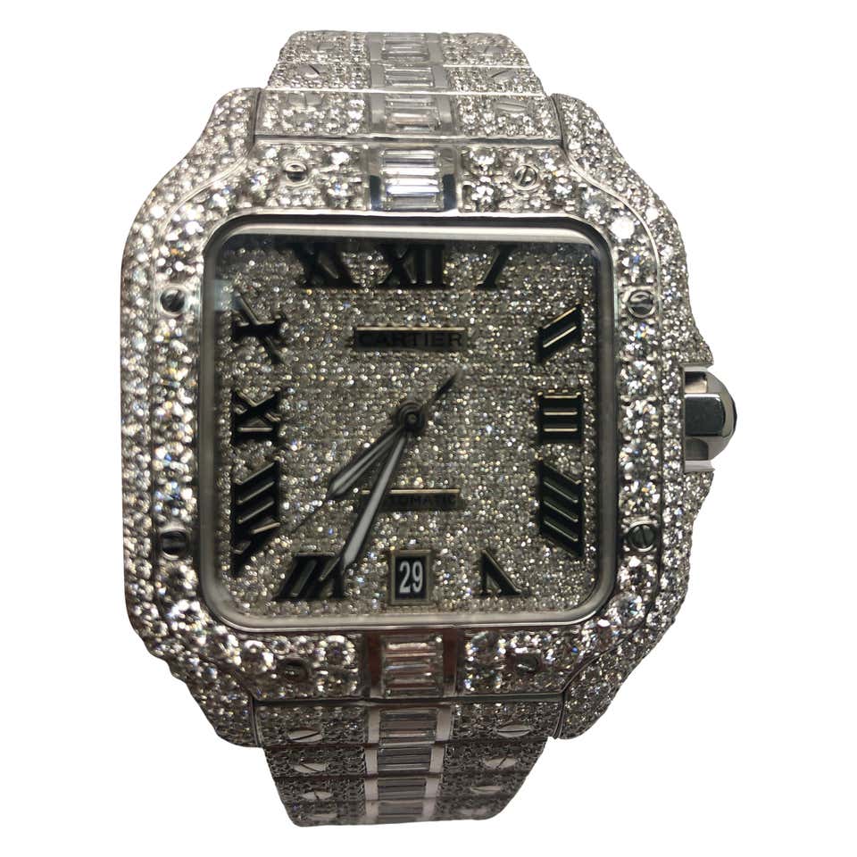 Cartier Santos Two Tone Custom Roman Numeral Iced Out Wrist Watch For ...