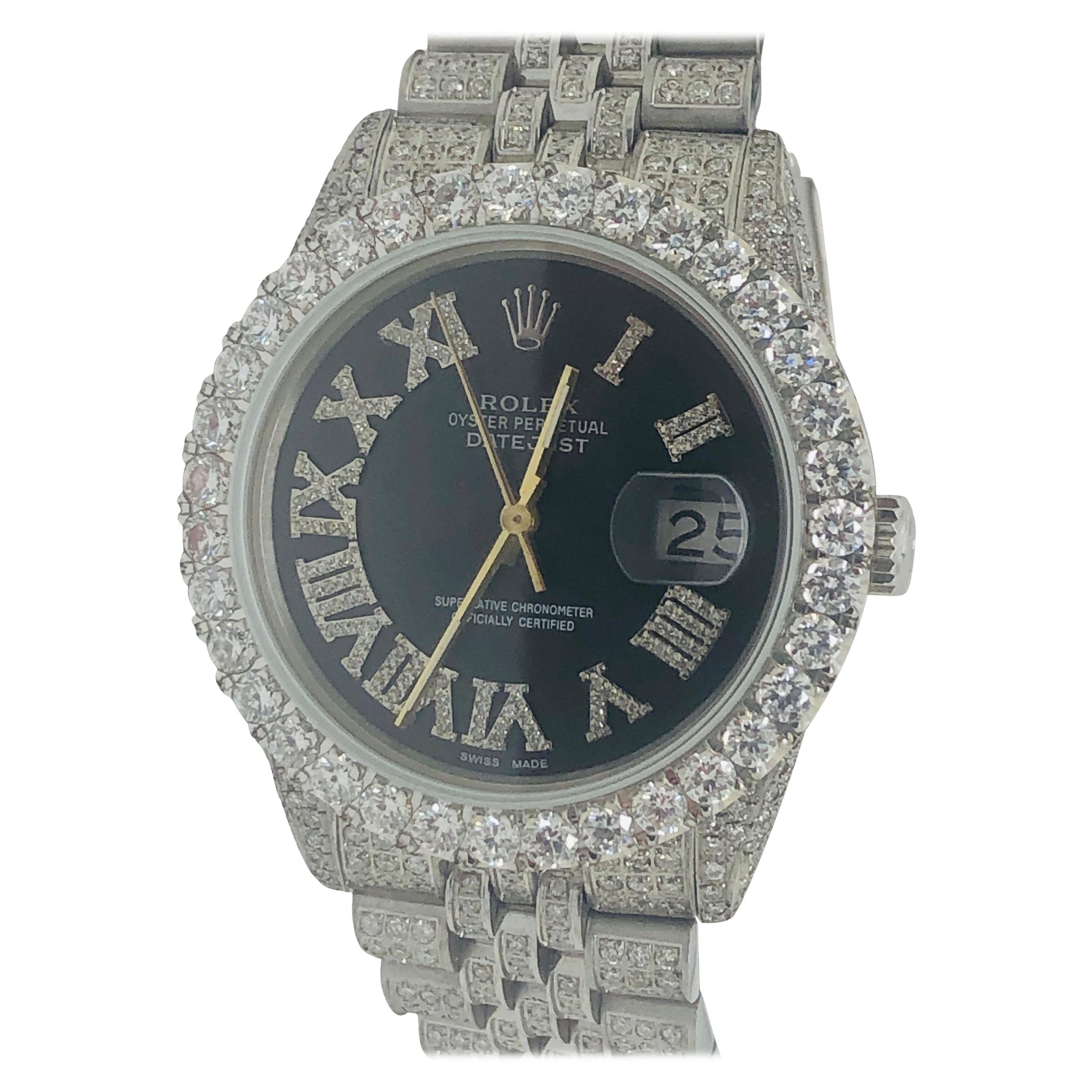 Rolex Datejust Custom Roman Black Diamond Watch VVS 10 Pointers Bezel For Sale