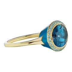 14 Karat Gelbgold Blauer Emaille Blauer Topas Ring