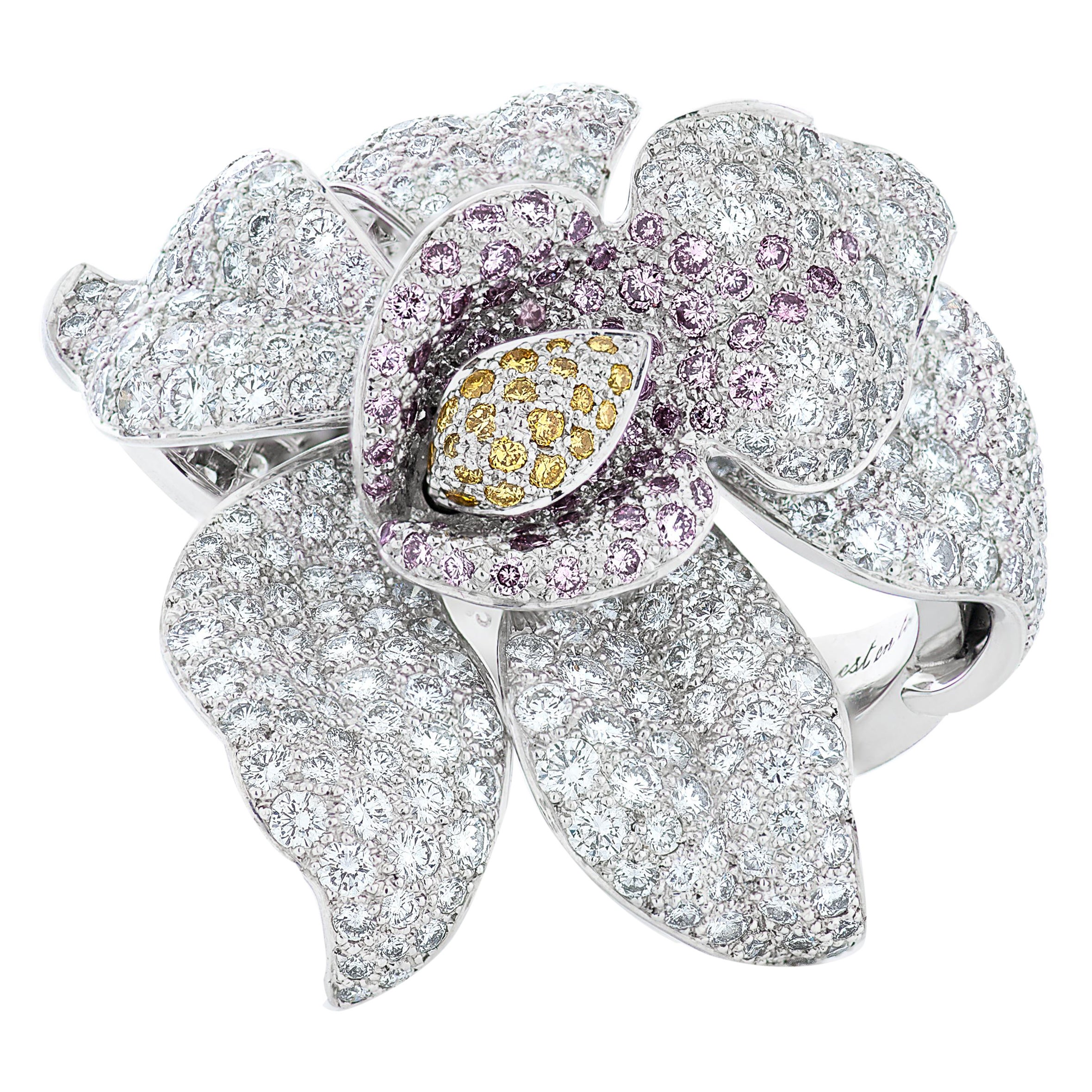 Cartier Caresse D'Orchidees Pink, Yellow & White Diamond Flower Ring in Platinum For Sale