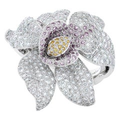 Cartier Caresse D'Orchidees Pink, Yellow & White Diamond Flower Ring in Platinum