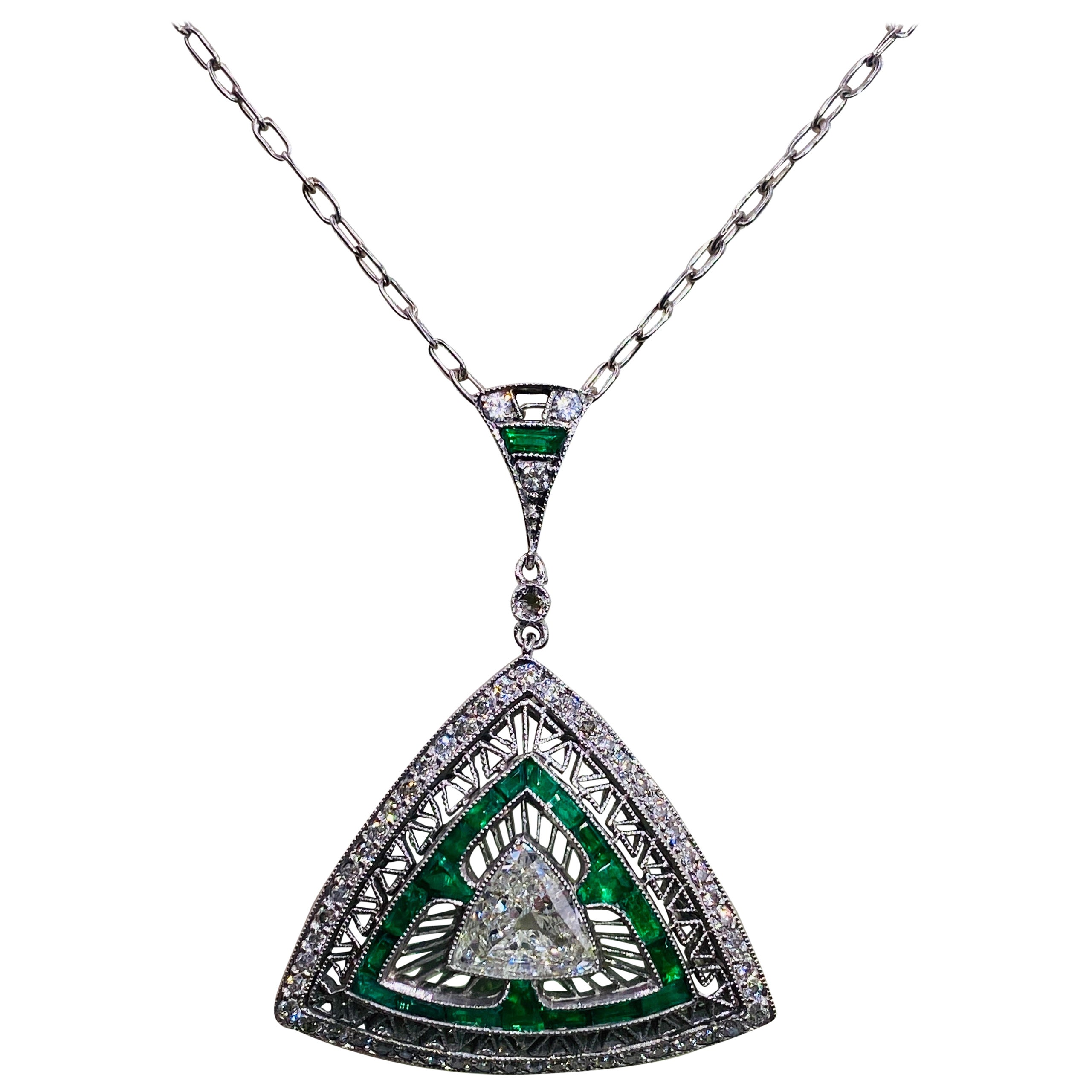 Platinum Art Deco Diamond and Emerald Necklace