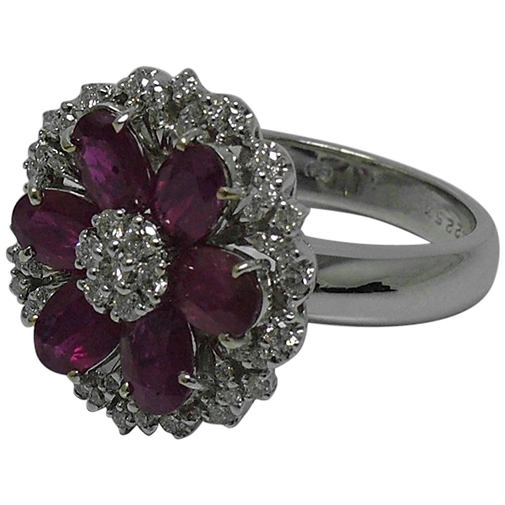 Ruby Diamond Gold Flower Ring For Sale