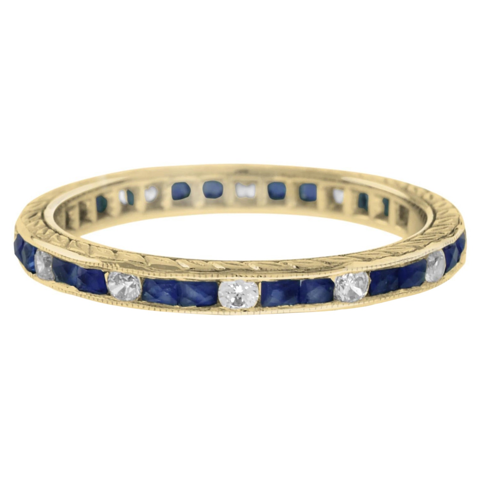 For Sale:  Alternating Double Sapphire and Diamond Eternity Ring in 14K Yellow Gold