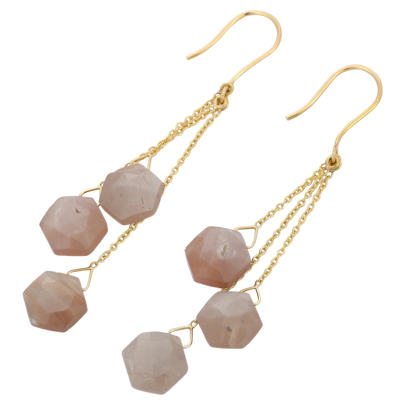 12.18 Carat Unique Moonstone Hexagon Bead Dangle Earrings in 18k Yellow Gold