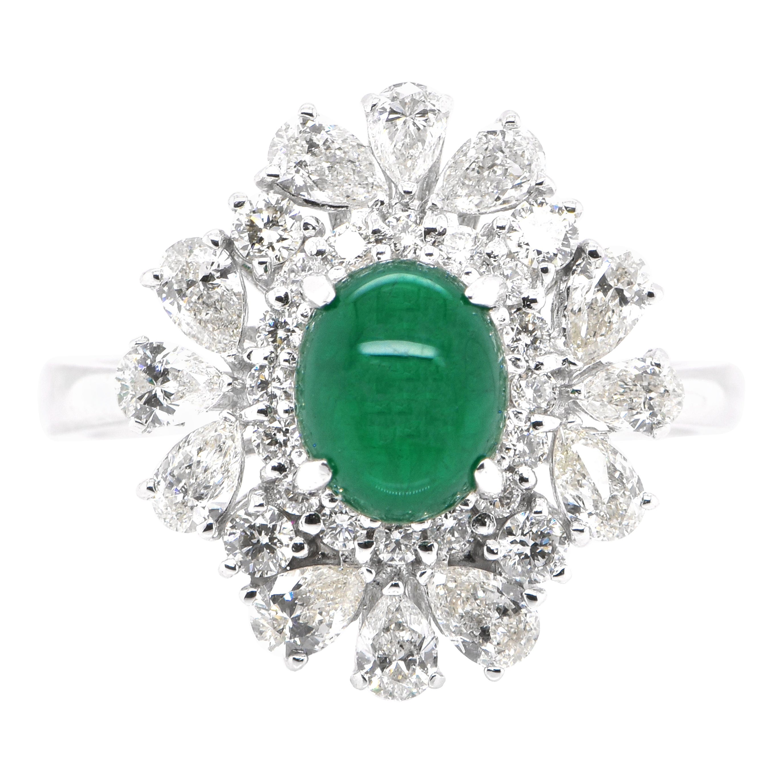1.13 Carat Natural Emerald Cabochon and Diamond Ring Set in Platinum For Sale