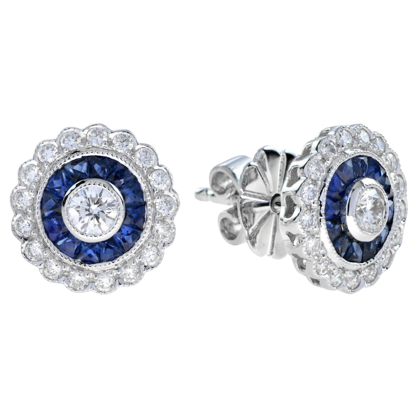 Art Deo Style Round Diamond and Blue Sapphire Stud Earrings in 18K White Gold For Sale