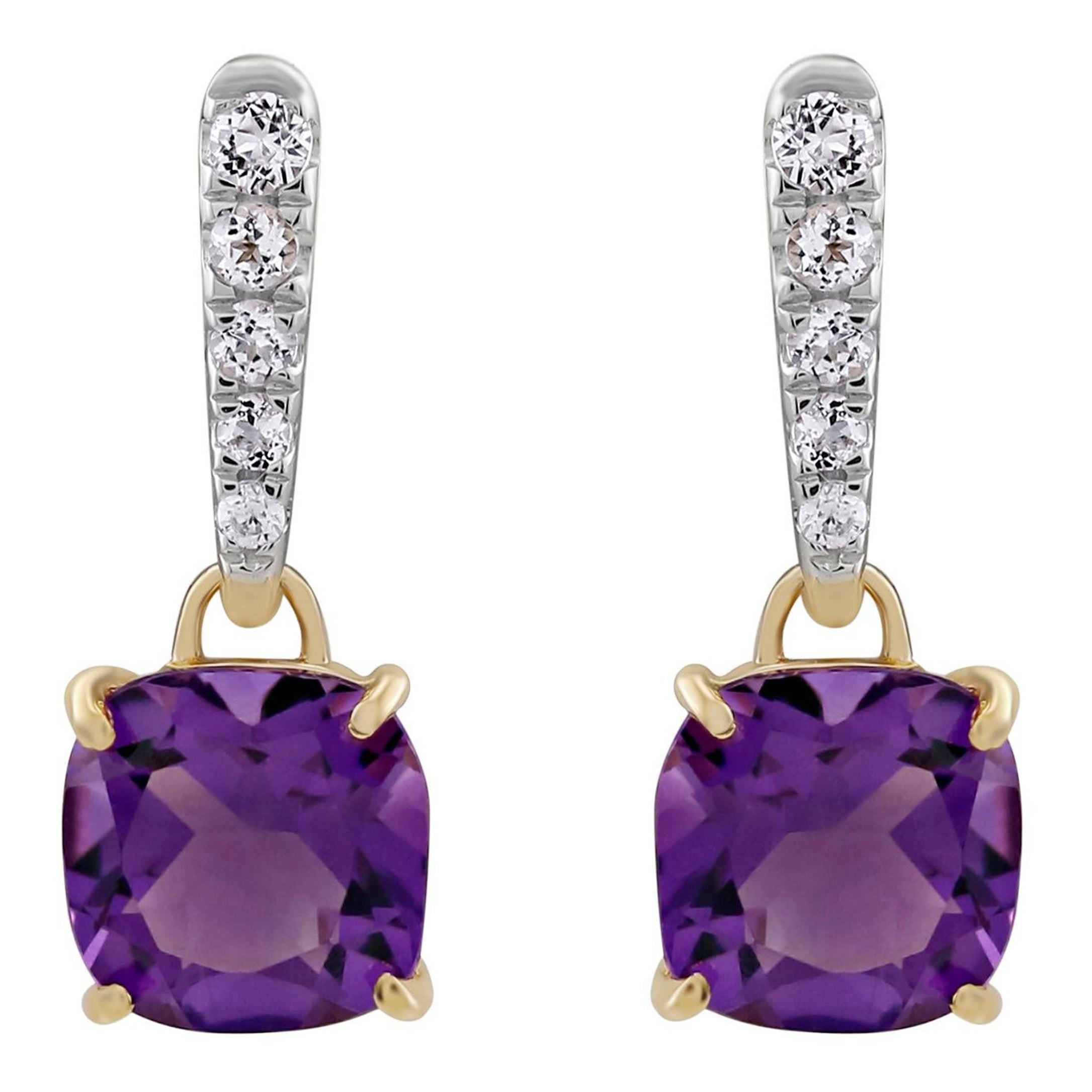 Gemistry 1.1 Cts. Cushion Amethyst and 0.16 Cts. Topaz Drop Earrings in 14K Gold