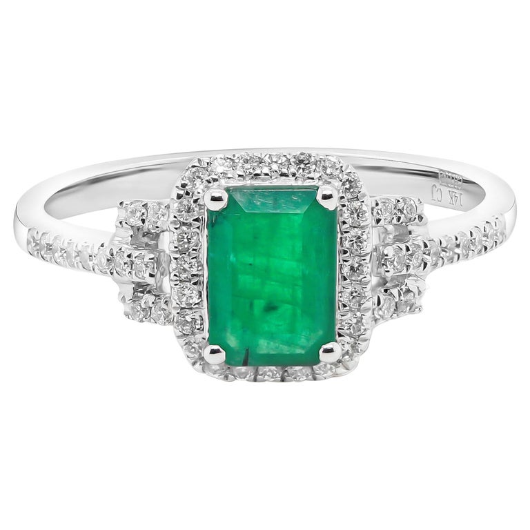 0.94 Carat Emerald-Cut Emerald Diamond Accents 14K White Gold Ring at ...