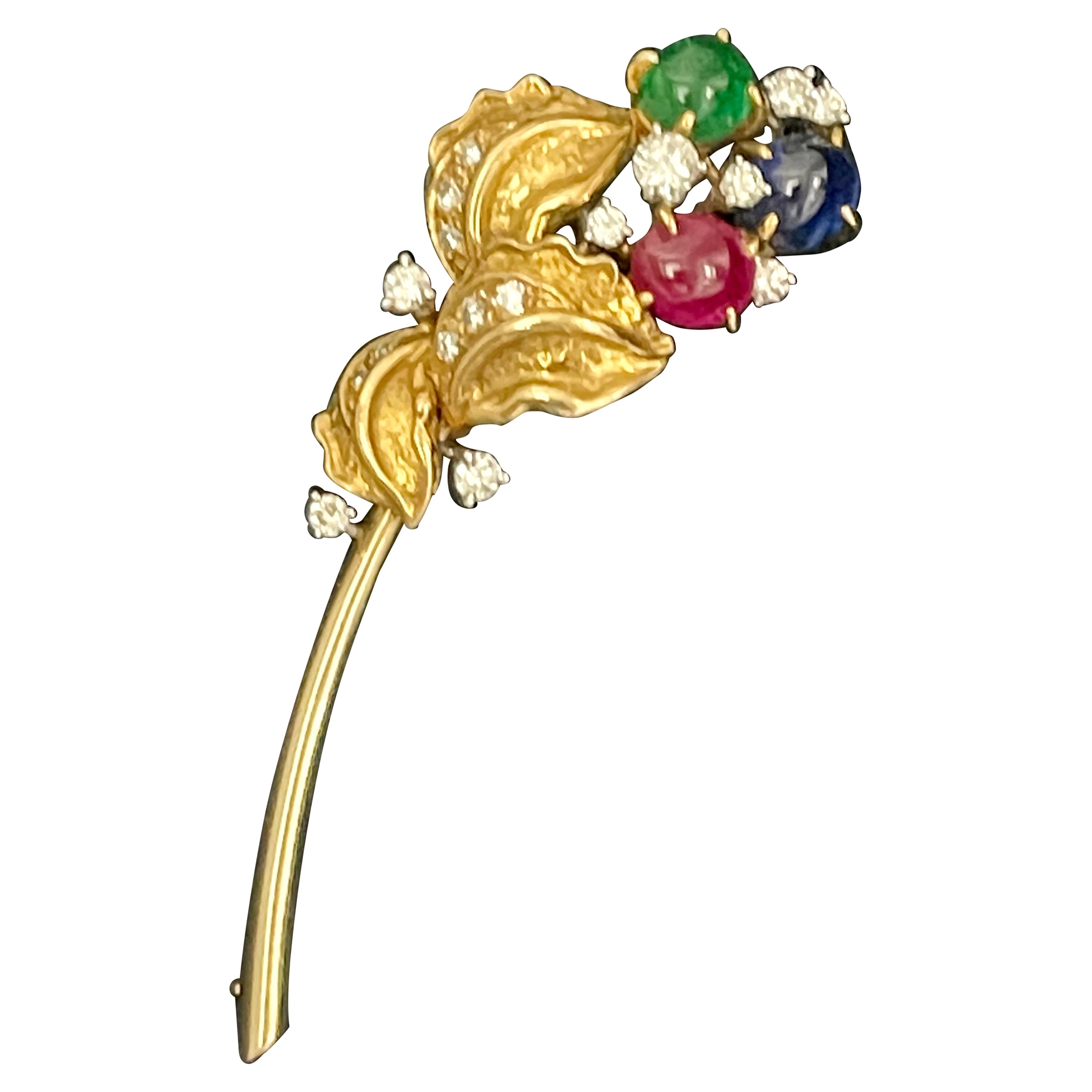 Elegant Vintage 18 K Yellow Gold Brooch Meister Emerald Ruby Sapphire Diamond For Sale