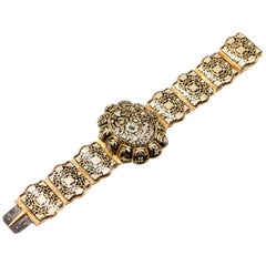 Victorian Antique Yellow Gold Black and White Swiss Enamel Locket Bracelet