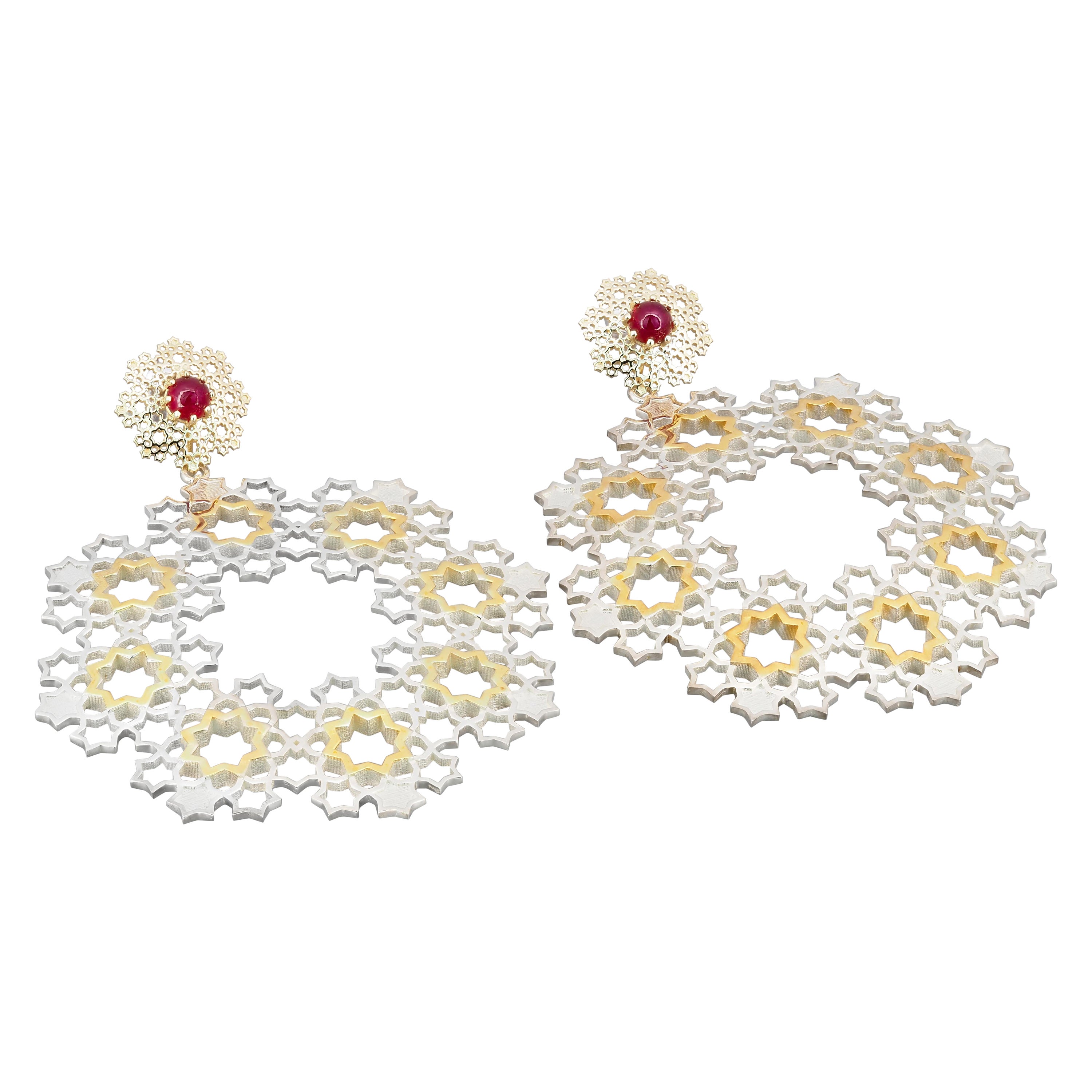 Ruby earrings. Gold and Silver Transformable Earrings Studs with Rubies For Sale