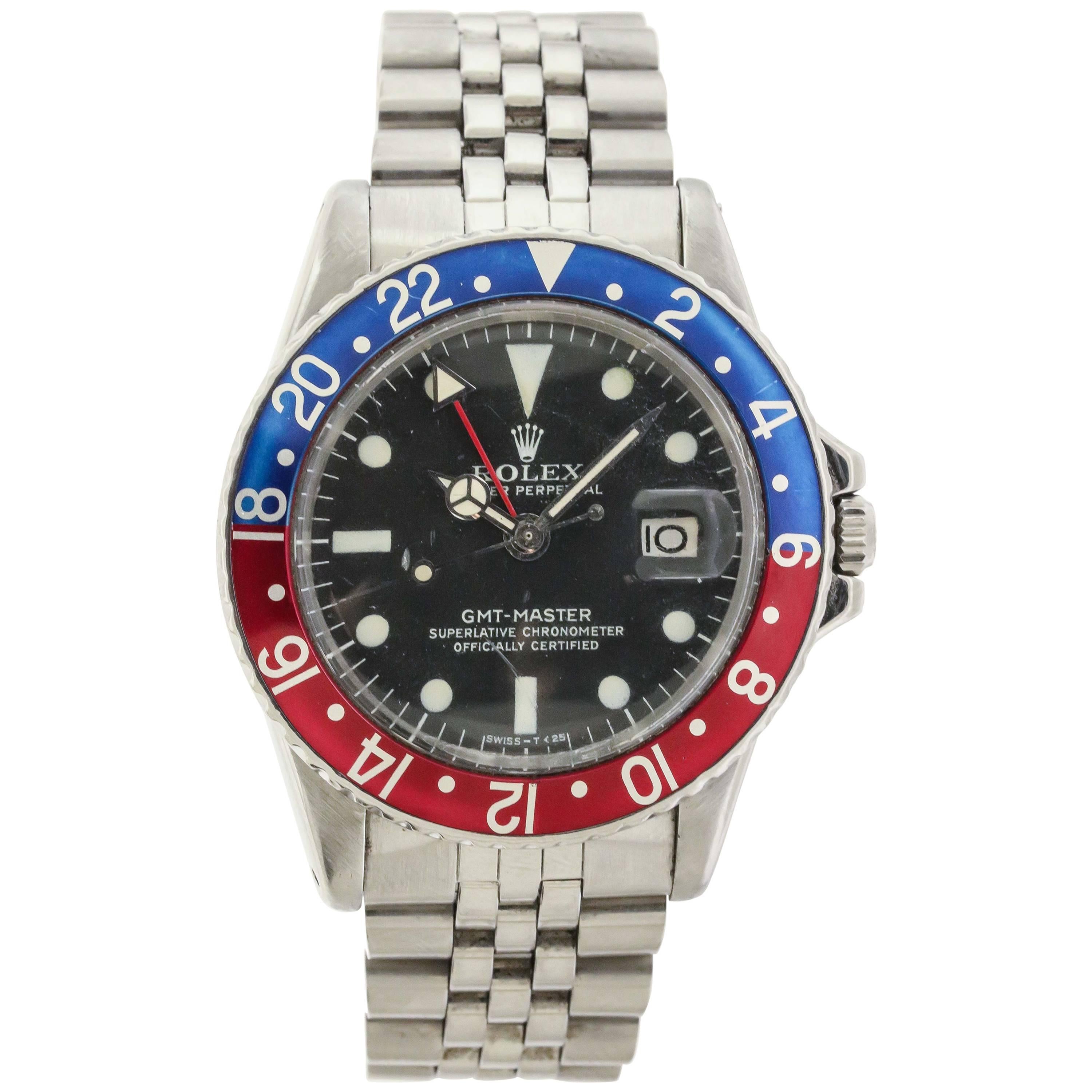 Rolex Stainless Steel GMT-Master Pepsi Bezel Automatic Wristwatch Ref 1675 