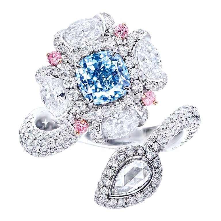 Emilio Jewelry, bague en diamant bleu clair fantaisie certifié GIA en vente