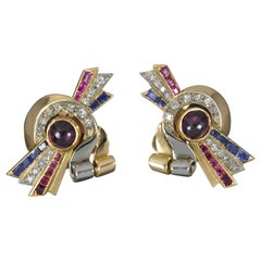 Stunning Stylish Art Deco 18ct Gold Ruby Sapphire Diamond Earrings